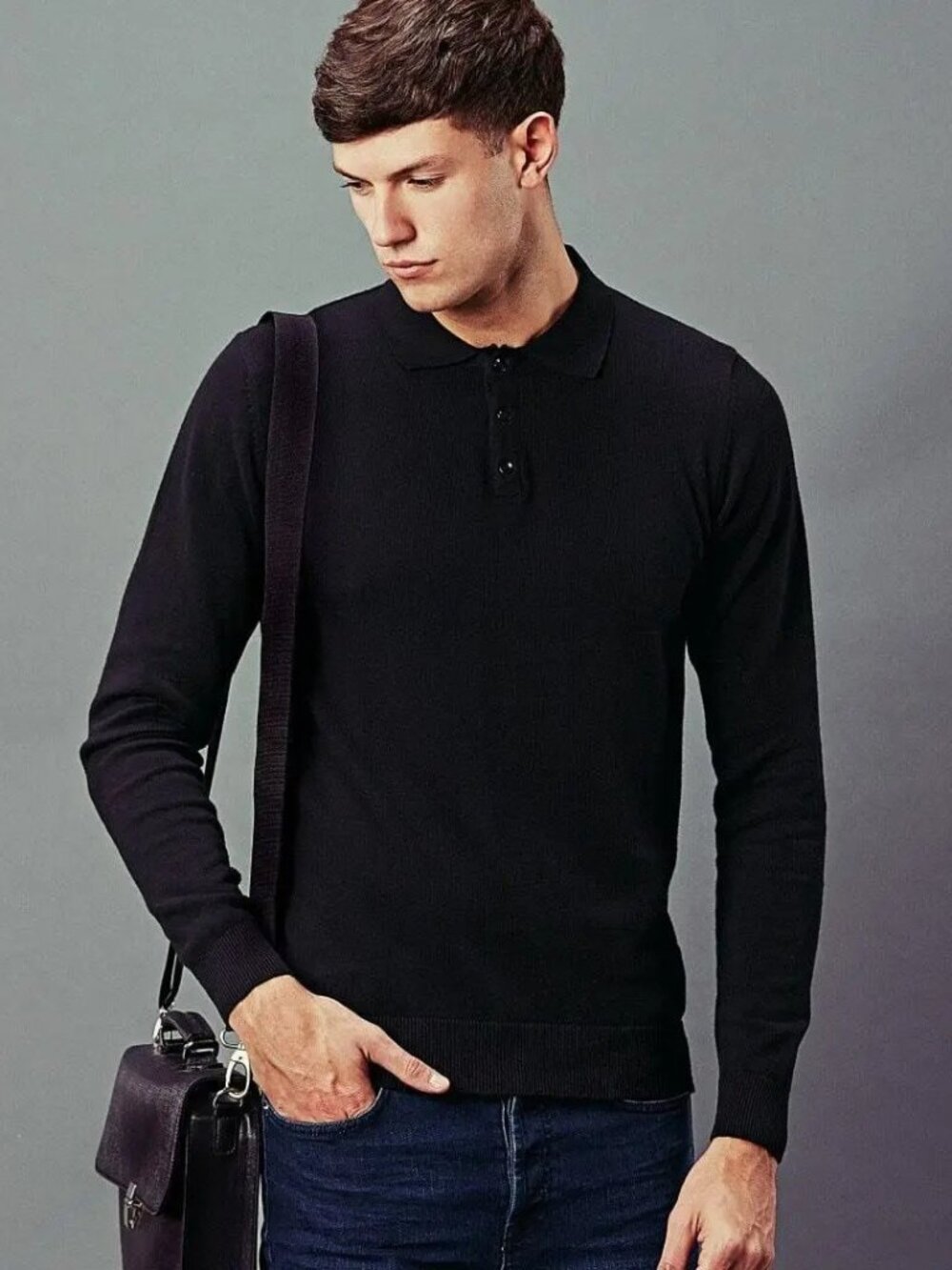 Paul James Black Knit Button Up Longsleeve Polo